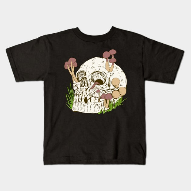 Skull with mushrooms and worm - Aestethic Goblincore Kids T-Shirt by Modern Medieval Design